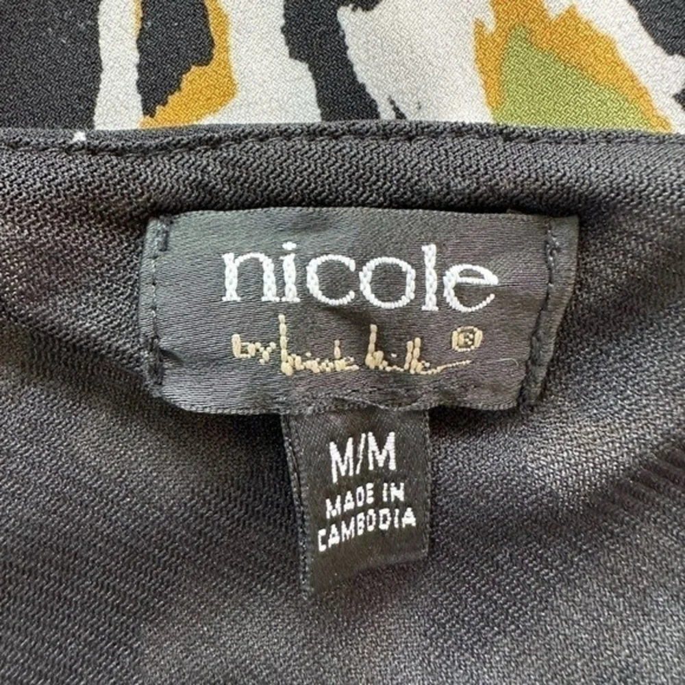 NICOLE MILLER Black One Shoulder Ruffle Bodycon Dress Sz M Multicolor Spotted VG - Picture 8 of 9